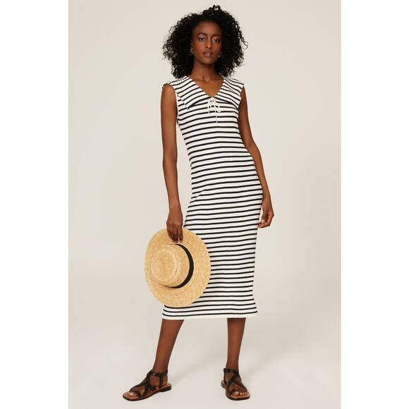 RIXO Blue White Antibes Stripe Ribbed Collared Ties Necklines Maxi Dress Size 8 - Picture 2 of 16